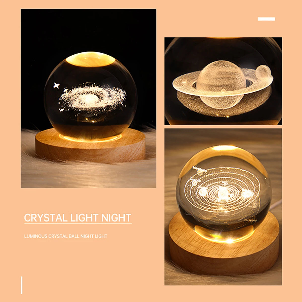 3D Crystal Ball LED Night Light Glowing Planetary Galaxy Lamp 