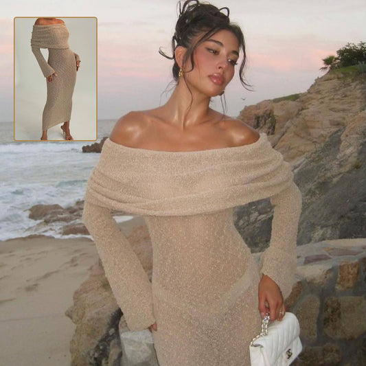 New One-shoulder Knitted Long-sleeved Dress Sexy Beach Holiday Long Dresses Womens Clothing - Lucky 22 Products 