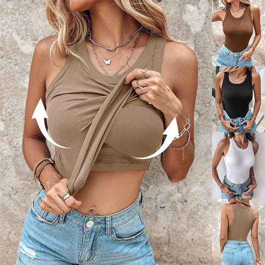 Round Neck Vest With Bra Summer Solid Color Bottom Sleeveless Top Womens Clothing - Lucky 22 Products 