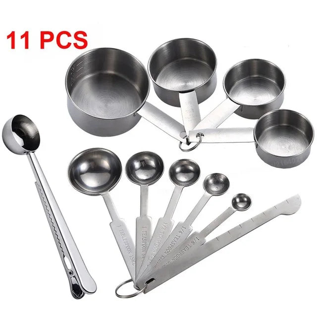 Stainless Steel Measuring Cups and Spoons Set Deluxe Premium Stackable Tablespoons 8/10Pcs - Lucky 22 Products 