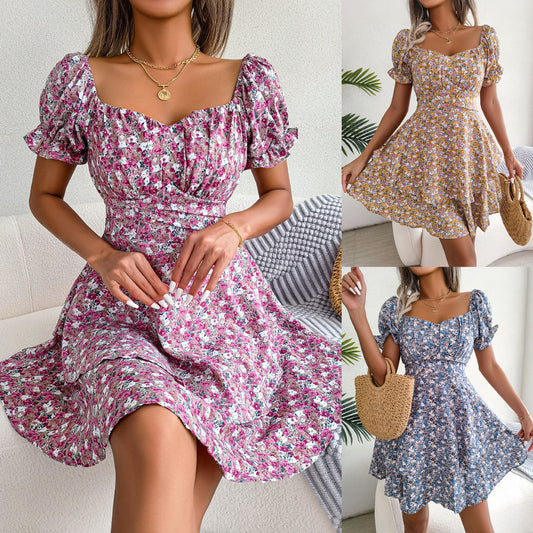 Women Mini Dress Temperament Big Swing Loose Hem Flower Print Shirring Dress Up Short Sleeves High Waist Summer Dress Clothes - Lucky 22 Products 